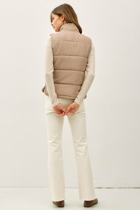 SUEDED PUFFER VEST (MOCHA) WITH ZIPPER AND SNAP BUTTON CLOSURES, FRONT POCKETS