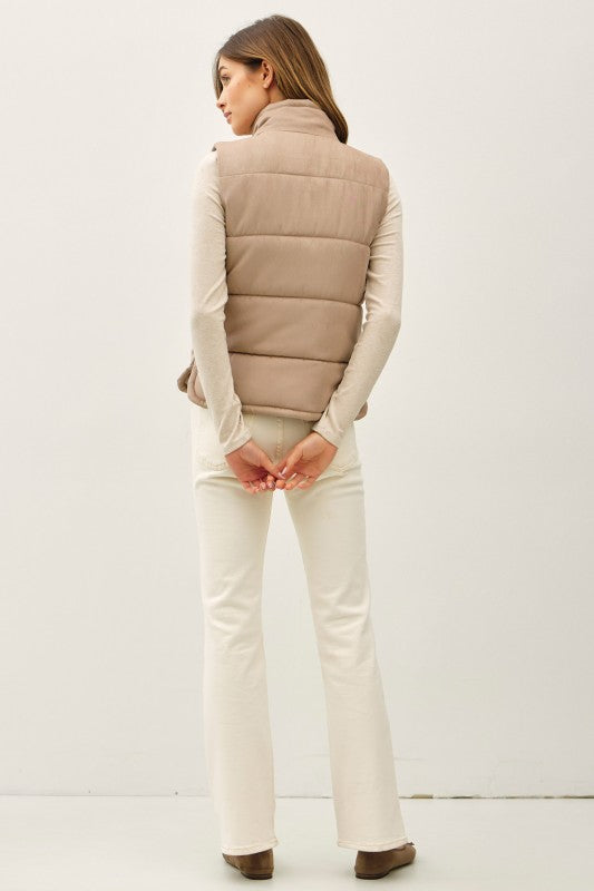 SUEDED PUFFER VEST (MOCHA) WITH ZIPPER AND SNAP BUTTON CLOSURES, FRONT POCKETS