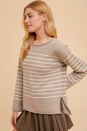 TAUPE SWEATER WITH CREAM STRIPES, ROLLED TRIM, AND SIDE SLITS