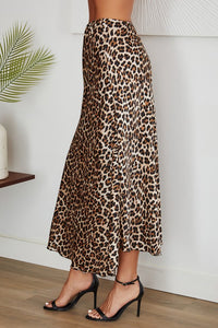 Satin Maxi Skirt with elastic waistband in a leopard animal print