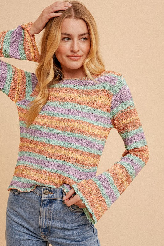 BELL SLEEVE STRIPED SWEATER IN A MULTICOLOR TEXTURED KNIT