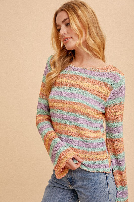 BELL SLEEVE STRIPED SWEATER IN A MULTICOLOR TEXTURED KNIT