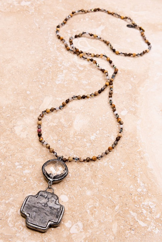 LONG STONE & BEAD NECKLACE W/ PENDANT (GRAY)