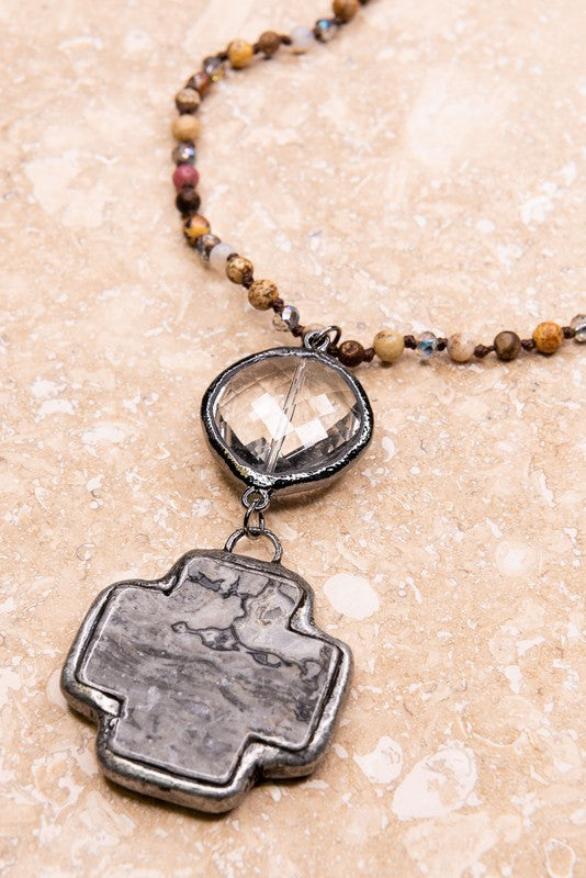 LONG STONE & BEAD NECKLACE W/ PENDANT (GRAY)