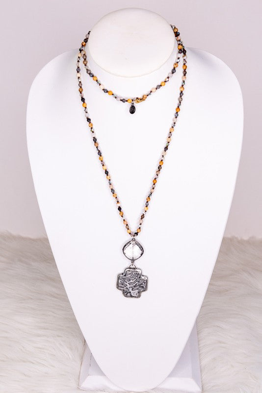 LONG STONE & BEAD NECKLACE W/ PENDANT (GRAY)
