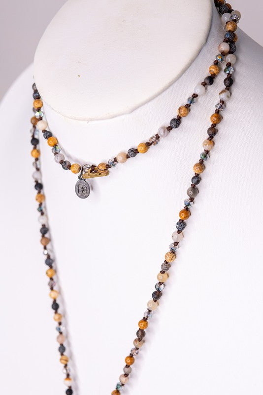 LONG STONE & BEAD NECKLACE W/ PENDANT (GRAY)