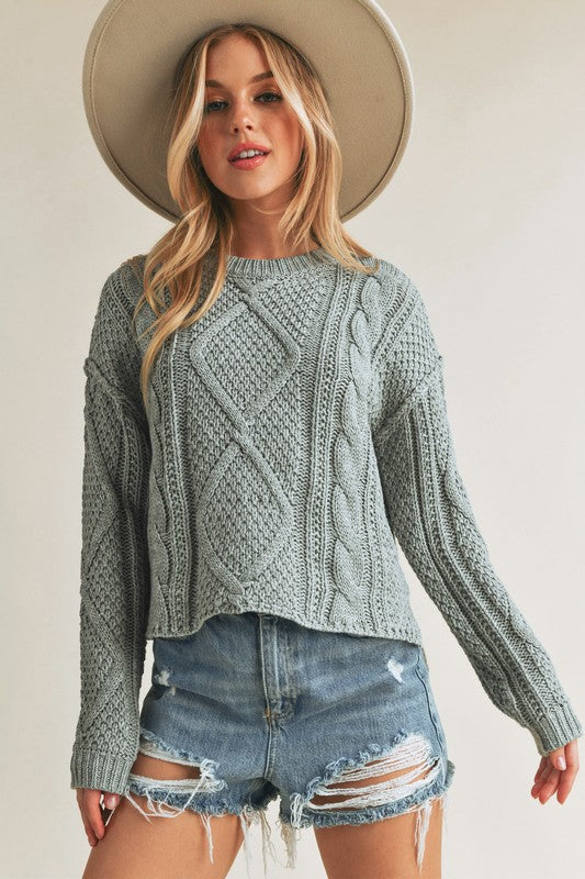 CABLE KNIT PULLOVER SWEATER (GRAY)