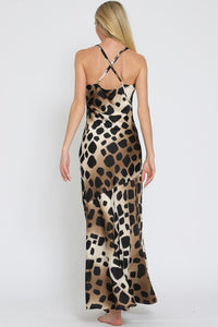 Large Animal Print Maxi Length Dress with adjustable spaghetti straps that criss cross in the back