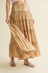 Tiered Full-Length Maxi Skirt
Elastic Waistband
Beaded Drawstring Tie Waist
Lined to Knee, Not Sheer