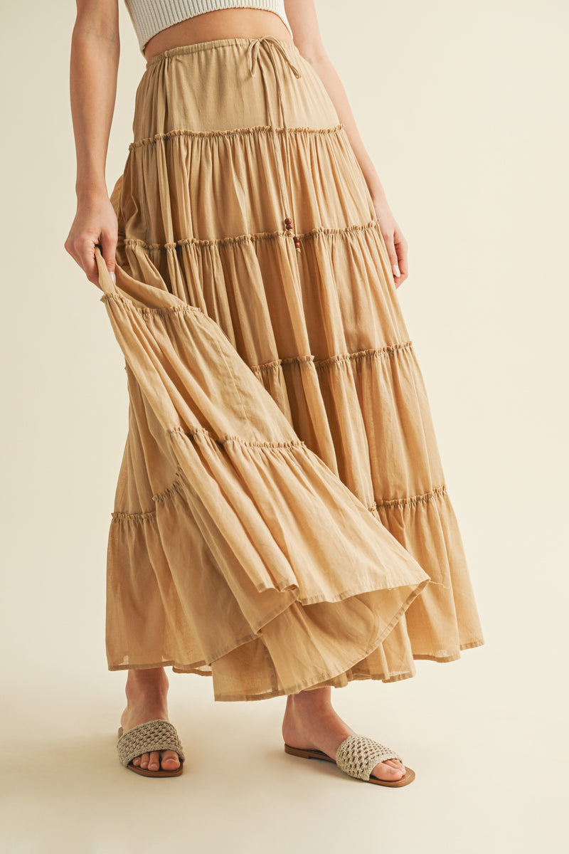 Tiered Full-Length Maxi Skirt
Elastic Waistband
Beaded Drawstring Tie Waist
Lined to Knee, Not Sheer