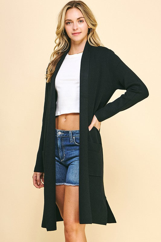 Open Front Black Knit Sweater Cardigan
Knee Length
Front Pockets