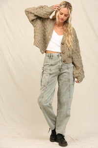 Chunky knit cardigan in Olive with balloon sleeves and button closures