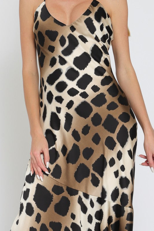 Large Animal Print Maxi Length Dress with adjustable spaghetti straps that criss cross in the back