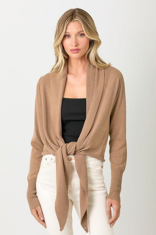 Long sleeve sweater that can be worn as a cardigan, tied at waist or wrapped (Latte)