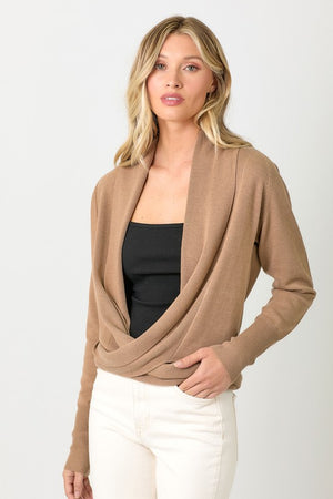 Long sleeve sweater that can be worn as a cardigan, tied at waist or wrapped (Latte)