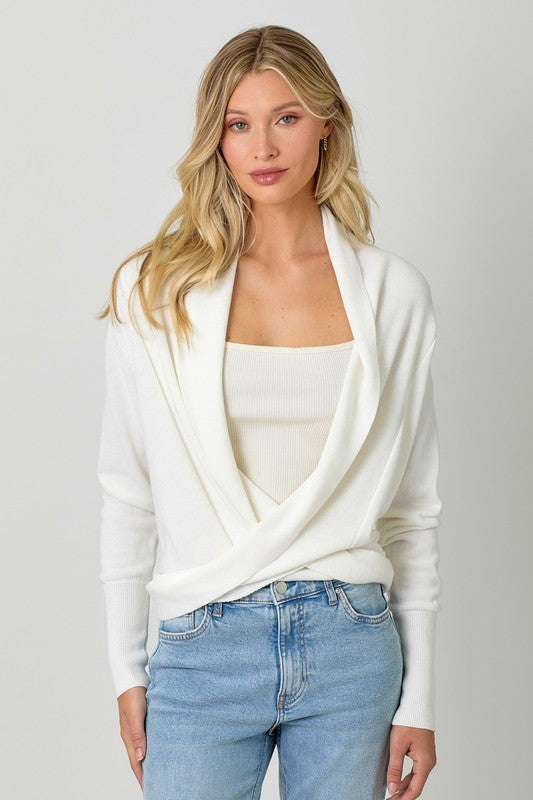 Long sleeve sweater that can be worn as a cardigan, tied at waist or wrapped (Snow White)