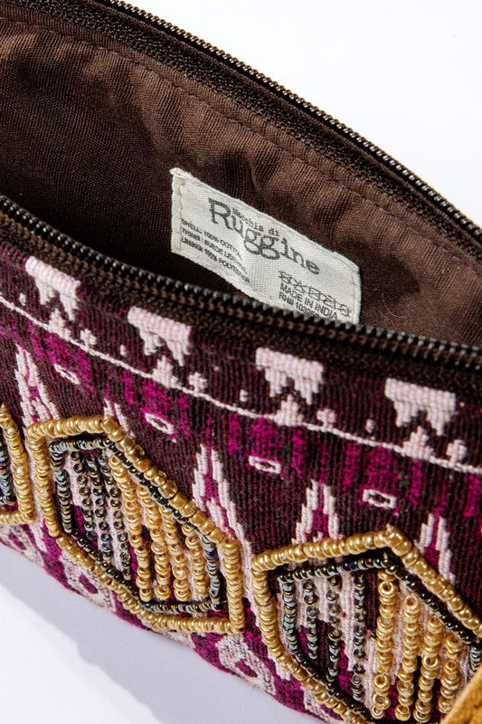 Ethnic Pattern Wristlet in shades of Fuchsia/Pink/Eggplant with gold and bronze seed beading and zipper closure