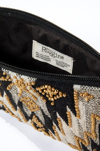 "Wren" Ethnic Pattern Wristlet in shades of Black/Gold/Natural with gold seed beading and zipper closure