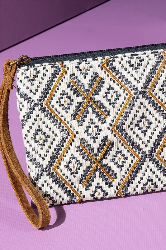"Colorado" Ethnic Pattern Wristlet in shades of Ivory/Gold/Charcoal with gold seed beading, metallic threading and zipper closure