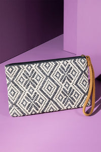 "Colorado" Ethnic Pattern Wristlet in shades of Ivory/Gold/Charcoal with gold seed beading, metallic threading and zipper closure