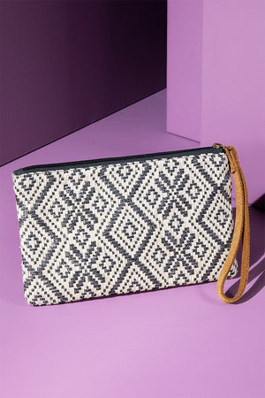 "Colorado" Ethnic Pattern Wristlet in shades of Ivory/Gold/Charcoal with gold seed beading, metallic threading and zipper closure