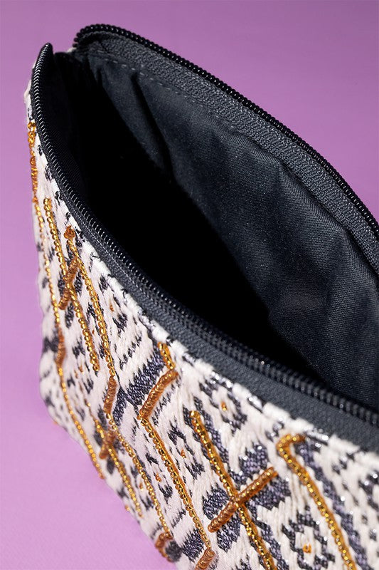 "Colorado" Ethnic Pattern Wristlet in shades of Ivory/Gold/Charcoal with gold seed beading, metallic threading and zipper closure