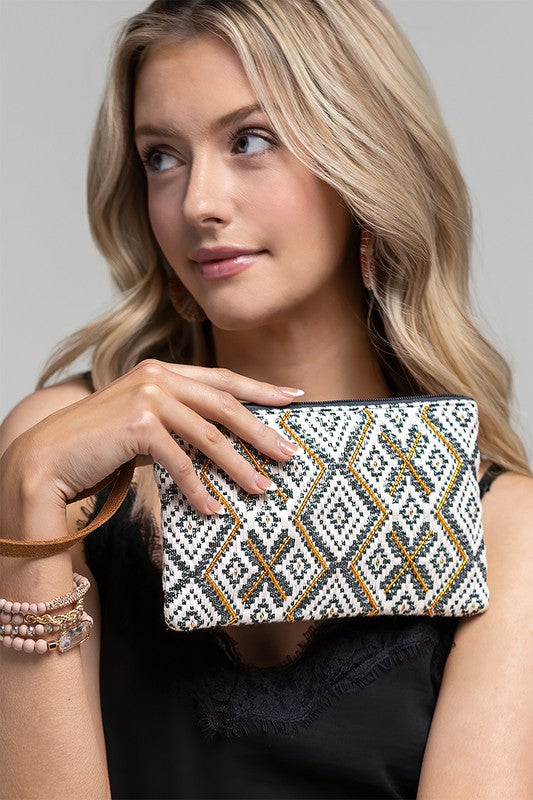 "Colorado" Ethnic Pattern Wristlet in shades of Ivory/Gold/Charcoal with gold seed beading, metallic threading and zipper closure