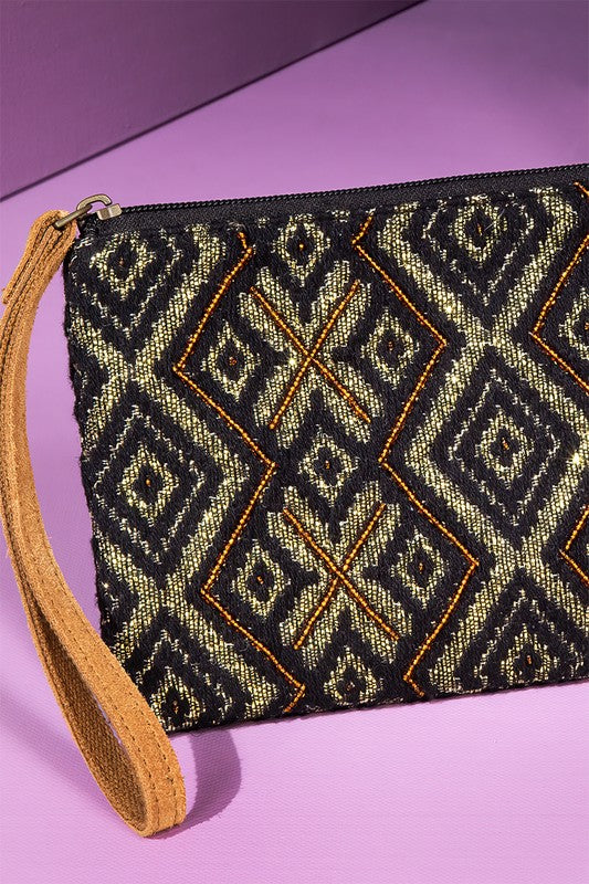 "Luster" Ethnic Pattern Wristlet in shades of Black/Gold/Copper with copper seed beading, gold metallic threading and zipper closure