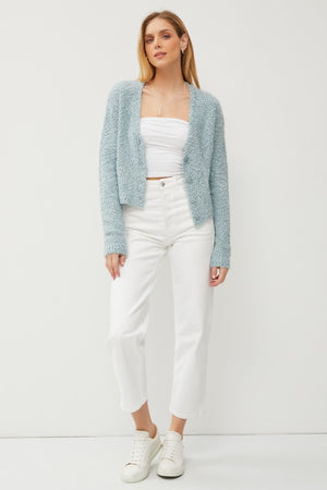 Fuzzy Cardigan in mint green with functional button closures and cropped length