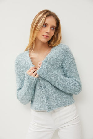 Fuzzy Cardigan in mint green with functional button closures and cropped length
