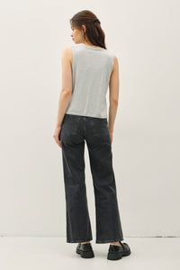 back view of sleeveless V-neck button up heather grey sweater dress