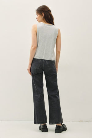 back view of sleeveless V-neck button up heather grey sweater dress