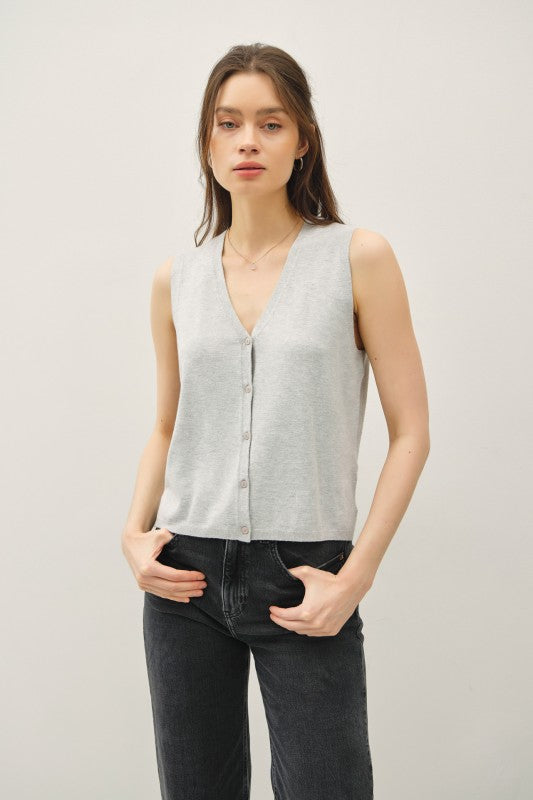 sleeveless V-neck button up heather grey sweater dress