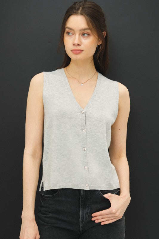 sleeveless V-neck button up heather grey sweater dress