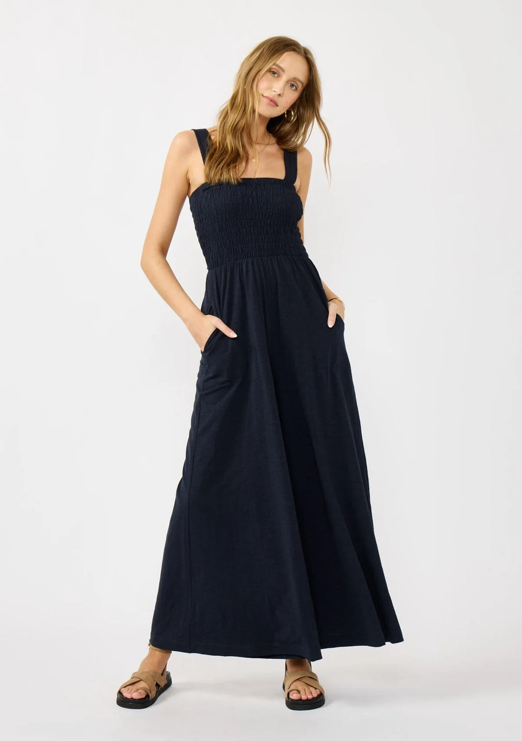 WIDE LEG SMOCKED BODICE COTTON JUMPSUIT IN DEEP NAVY WITH SIDE POCKETS