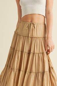 Tiered Full-Length Maxi Skirt
Elastic Waistband
Beaded Drawstring Tie Waist
Lined to Knee, Not Sheer