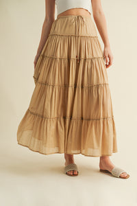 Tiered Full-Length Maxi Skirt
Elastic Waistband
Beaded Drawstring Tie Waist
Lined to Knee, Not Sheer