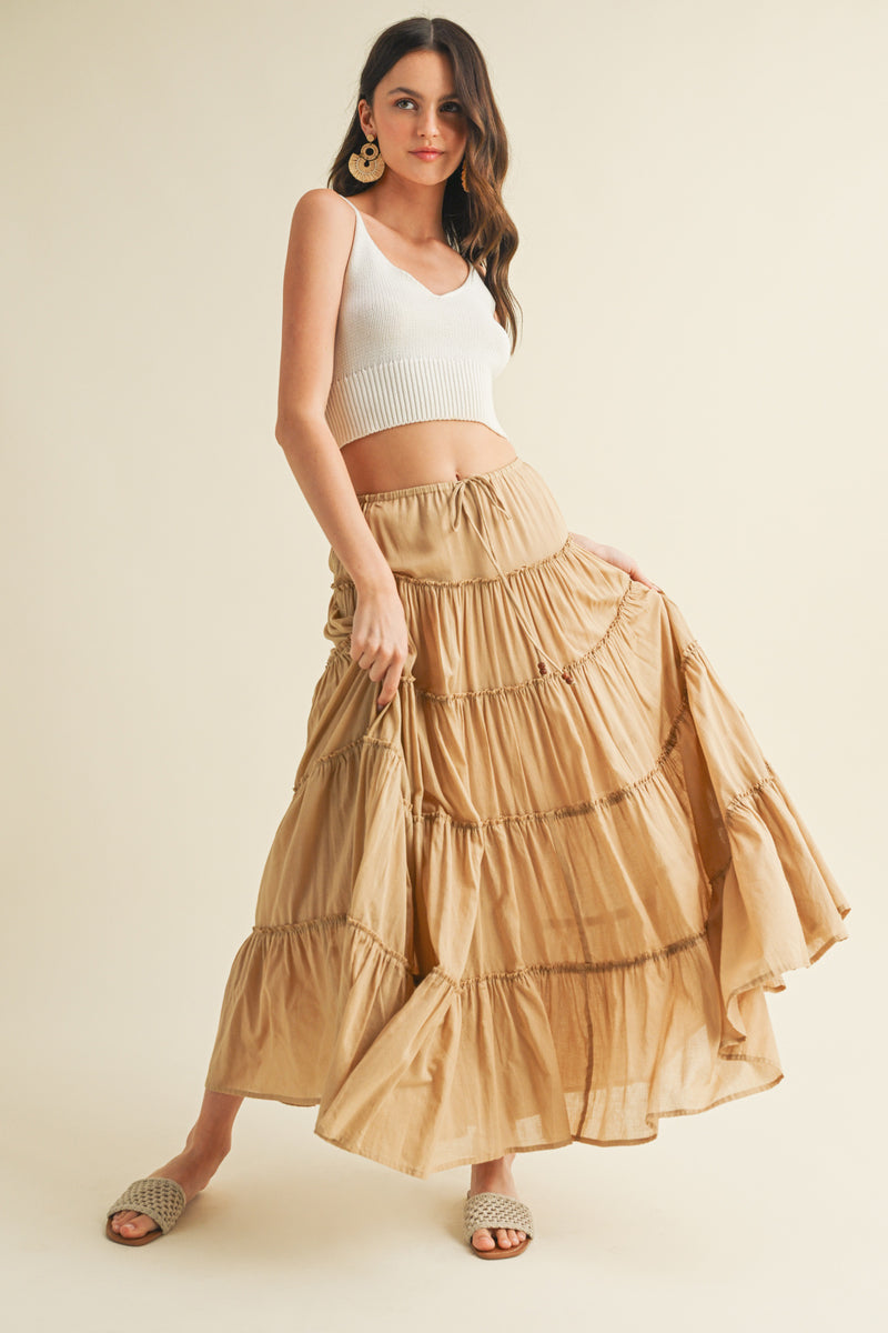 Tiered Full-Length Maxi Skirt, Taupe Color
Elastic Waistband
Beaded Drawstring Tie Waist
Lined to Knee, Not Sheer
