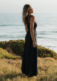WIDE LEG SMOCKED BODICE COTTON JUMPSUIT IN DEEP NAVY WITH SIDE POCKETS