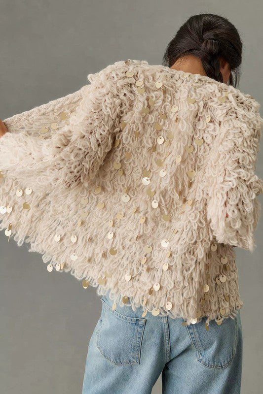BACK VIEW OF IVORY COLORED, SEQUINED LOOP CROCHET CARDIGAN, OPEN FRONT BRAIDED TRIM, ONE SIZE