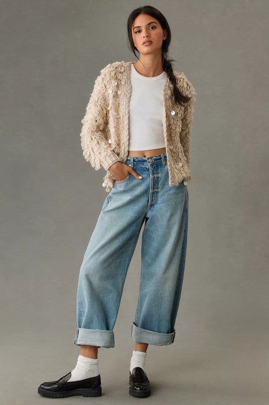 IVORY COLORED, SEQUINED LOOP CROCHET CARDIGAN, OPEN FRONT BRAIDED TRIM, ONE SIZE