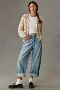 IVORY COLORED, SEQUINED LOOP CROCHET CARDIGAN, OPEN FRONT BRAIDED TRIM, ONE SIZE