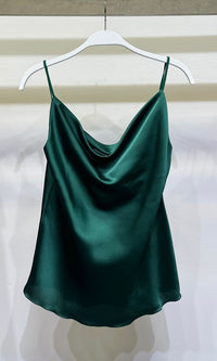 Cowl Front Satin Top with spaghetti straps in Hunter Green