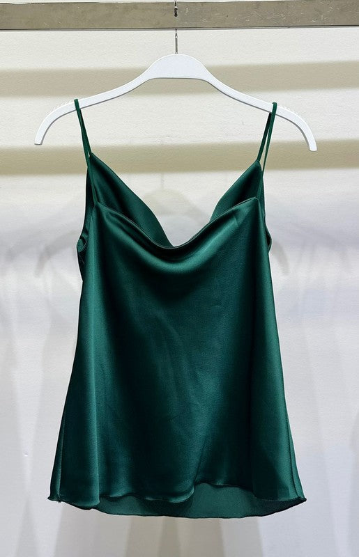 Cowl Front Satin Top with spaghetti straps in Hunter Green