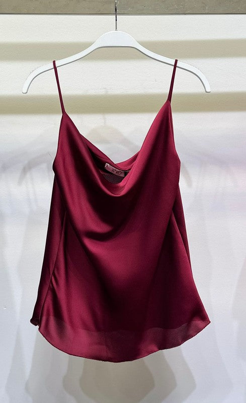 COWL-FRONT CAMI TOP (WINE) with spaghetti straps