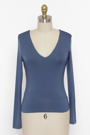 double layer, long sleeve v-neck top in modern navy