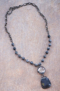 STONE BEAD CHAIN W/ PENDANT (GRAY) WITH LOBSTER CLAW CLOSURE