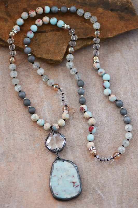 Natural Semi-Precious Mixed Stone Pendant Necklace in shades of Gray, Cream, Rust and Turquoise