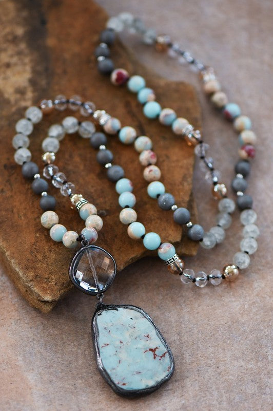 Natural Semi-Precious Mixed Stone Pendant Necklace in shades of Gray, Cream, Rust and Turquoise