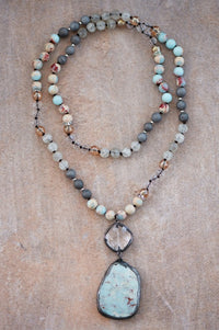 Natural Semi-Precious Mixed Stone Pendant Necklace in shades of Gray, Cream, Rust and Turquoise